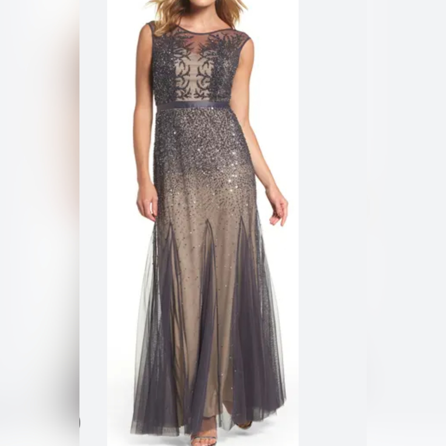Adrianna Papell Long Beaded/Sequins Gown, Sleeveless Sz 2 Gunmetal & Beige